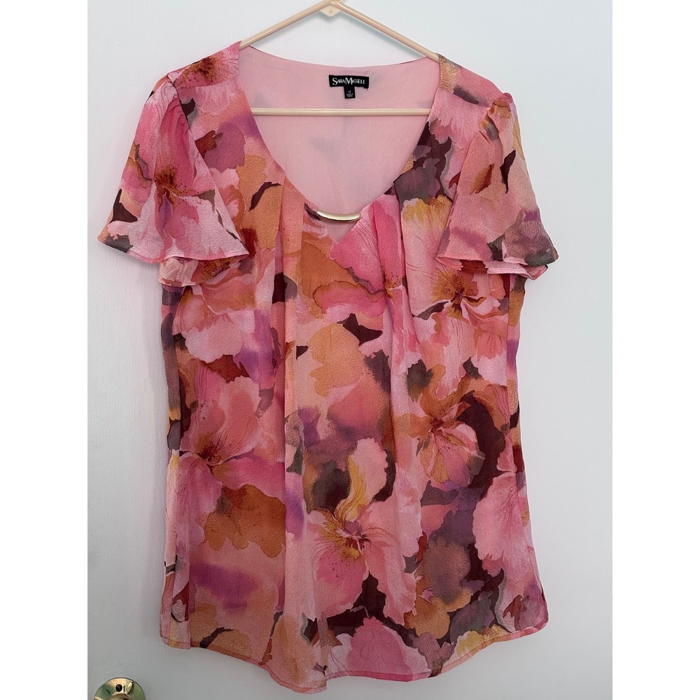 Sara Michele Pink Floral V-Neck Blouse Gold Detail Short Sleeve Plus Size 1X